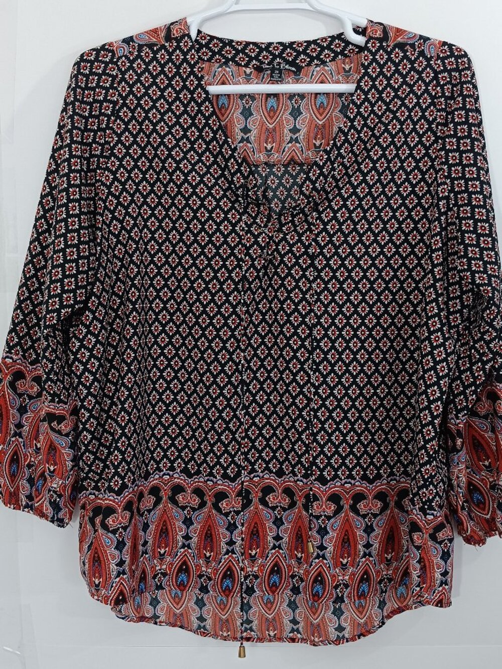 Time to Bloom 2X Plus Size Boho Paisley Floral Tunic Blouse Lace Up V Neck Long